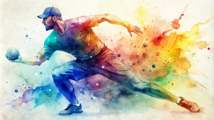 Naklejka na meble A dynamic depiction of a man in a baseball cap captures the intensity of a sporting moment as he prepares to throw a ball. Vibrant watercolor with swirling colors that evoke movement and energy. AI ge