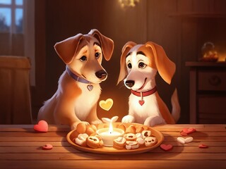 Two cheerful dogs enjoying a romantic candlelit dinner with treats and hearts on a cozy evening