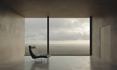 A chair is sitting in front of a window in a room with a view of the city