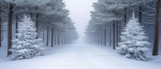 Sticker - Snow-Covered Trees and a Foggy Path in a Winter Forest