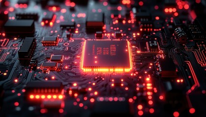 Poster - Illuminated Circuit Board with Red Lights and Central Processor