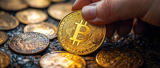 Aufkleber - Close-up of a Bitcoin Cryptocurrency Coin Held by a Finger