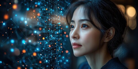 Aufkleber - Woman Gazing at a Network of Blue and Orange Lights