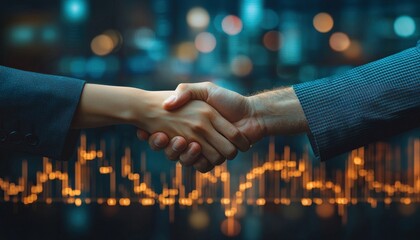 Poster - Two Hands Shaking in Front of a Blurred Cityscape with Blurry Lights