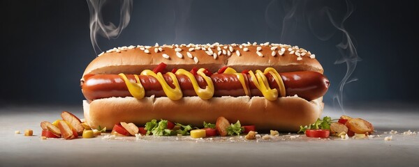 A delicious hot dog served in a sesame seed bun with mustard, surrounded by fresh toppings on a dark background