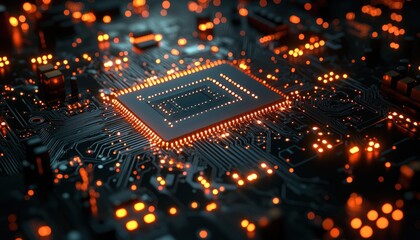 Aufkleber - Close-up of a glowing microprocessor chip on a circuit board