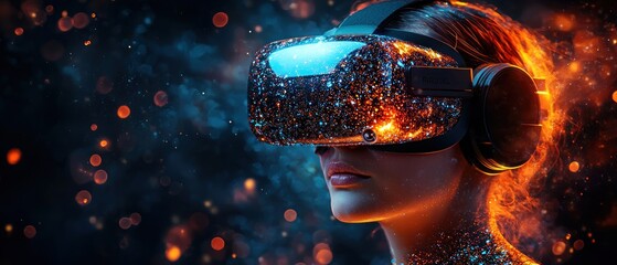 Poster - Woman Wearing VR Headset Surrounded by Orange and Blue Sparks