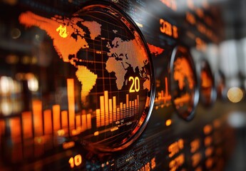 Aufkleber - Global Financial Data Display with a World Map, Bar Charts, and a Number 20