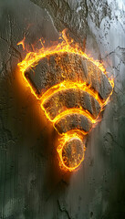 Poster - a vibrant wi-fi symbol surrounded by flames illuminates a textured dark wall. the fiery design creat