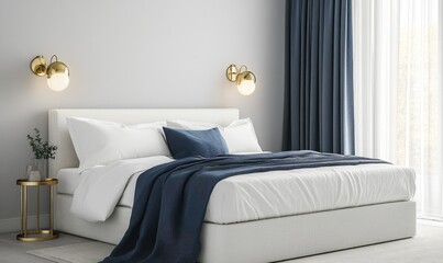 A white bed with a blue comforter and pillows