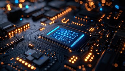 Poster - Close-up of a Motherboard with Glowing Blue and Orange Lights
