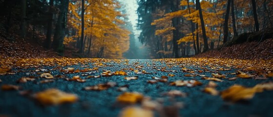 Poster - A Pathway Through an Autumn Forest With Fallen Leaves