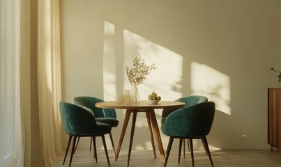 A table with four chairs and a vase of flowers in the center