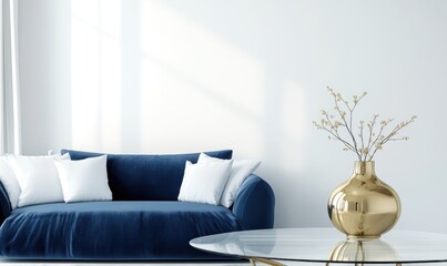 A living room with a blue couch and a gold vase with flowers on a table