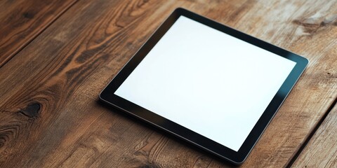 Tablet is sitting on a wooden table. The tablet is black and white and has a blank screen