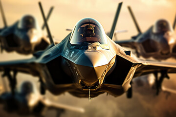 Fighter jets flying in formation during a sunset mission training exercise over a coastal landscape