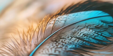 Feather with a blue and gold pattern. The feather is very detailed and has a lot of texture