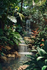 Sticker - Lush jungle with a waterfall and a rock wall. The waterfall is small and the rocks are brown. The plants are green and the scene is peaceful