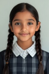 Wall Mural - Young girl with dark hair and a plaid shirt and a white collar. She has her hair in pigtails