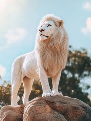 Wall Mural - white lion stands on a rock, looking out over the landscape. concept of majesty and power, as the li