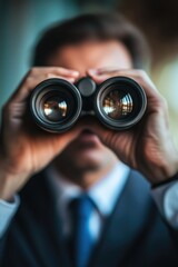 Wall Mural - Man is looking through binoculars. The man is wearing a suit and tie. The man is looking at something in the distance