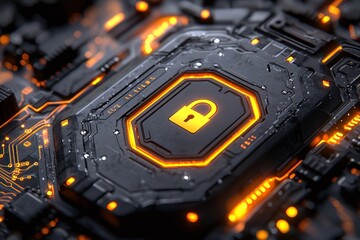 Poster - Glowing Padlock Icon on Futuristic Circuit Board