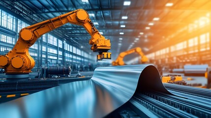 Poster - Automated Robotic Arms Efficiently Packaging Aluminum Sheets for Shipment in a Modern Industrial Factory Environment
