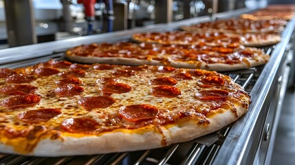 Leinwandbilder - Automated conveyor system packaging frozen pizzas in a food processing factory or warehouse ready for retail store distribution and delivery  Efficient industrial food production and logistics