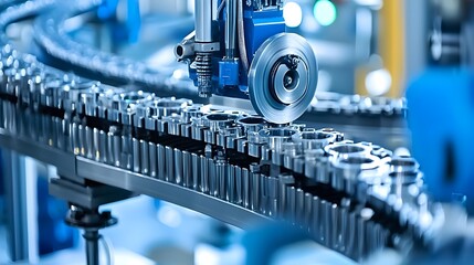 Poster - Automated industrial conveyor system transporting aluminum parts through a factory production line  The image showcases the efficient movement of metallic components in a manufacturing environment
