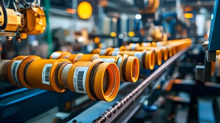 Poster - Automated machine applying product labels barcodes and identification codes to moving PVC pipes on an industrial production conveyor belt system in a factory or workshop setting