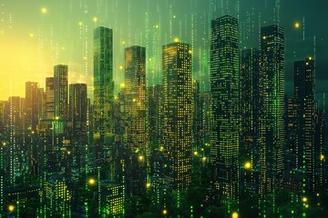 Poster - A Futuristic Cityscape with Illuminated Windows and Green Lights