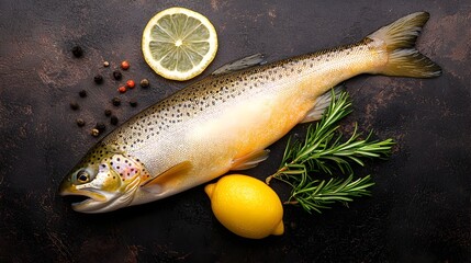 Poster - Beautifully presented rainbow trout fillet placed at an elegant angle on a clean white background showcasing the fresh gourmet appeal of this premium seafood dish