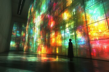 Poster - A lone figure stands in a futuristic, colorful, glass-paneled corridor