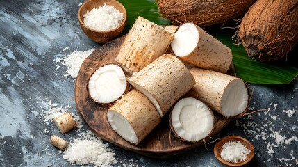 Poster - Boiled cassava roots served with creamy coconut milk on a rustic wooden plate against a natural green leaf background  Traditional tropical food healthy vegetarian dish