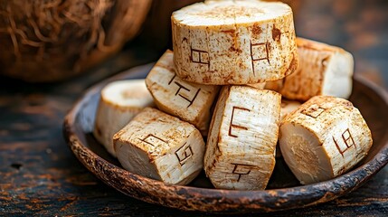 Poster - Boiled cassava root served with rich and creamy coconut milk sauce on a rustic wooden plate in a traditional ethnic cuisine style