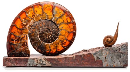 Poster - Breathtaking close up of an ancient ammonite fossil displaying its intricate spiral shell pattern and elegant natural beauty isolated on a clean white background for a striking scientific aesthetic
