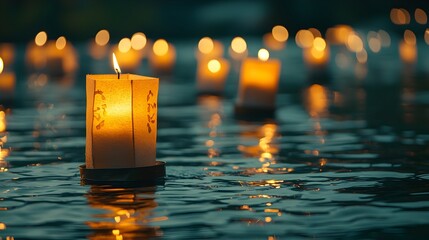 Aufkleber - Breathtaking scene of the Loy Krathong festival in Thailand with glowing candles floating on the calm river creating a serene and magical atmosphere