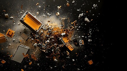 Poster - Broken pieces and debris of an exploded satellite scattered and floating in the vastness of outer space drifting aimlessly in the zero gravity environment