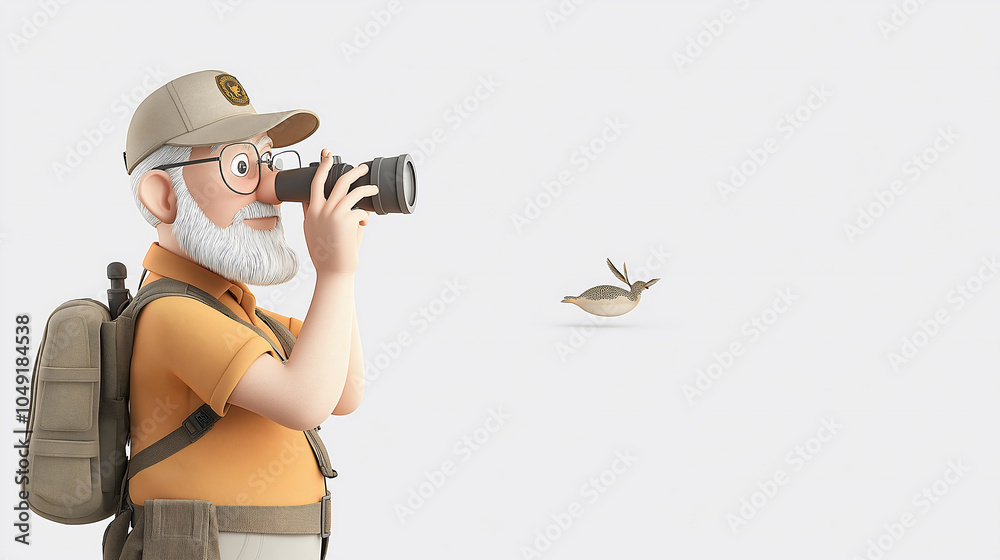 A cartoon park ranger taking photos of a bird in a natural setting ...