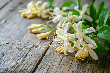 Wall Mural - Fresh honeysuckle on wooden table.