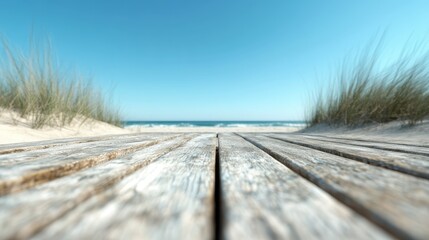 A weathered wooden path runs over sandy terrain leading towards a beach and a clear blue sky, invoking a sense of peaceful solitude and natural beauty.