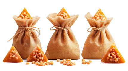 Poster - burlap sacks with sugar cones and crystals on clear background generative ai
