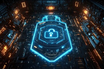 Poster - Futuristic Cyber Security System with Glowing Blue Lock Icon
