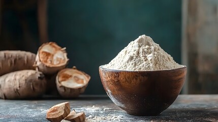 Poster - Cassava flour in a wooden bowl with some cassava roots in the background showcasing the natural ingredient used in cooking baking and traditional ethnic cuisines