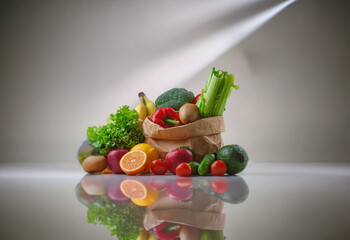 Poster - A brown paper bag spills over with fresh produce, including bananas, apples, oranges, tomatoes, peppers, and leafy greens.