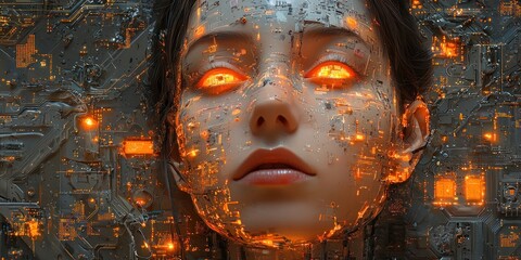 Poster - A woman's face with glowing eyes is composed of circuit boards and electrical wiring