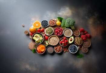 Aufkleber - A variety of fresh fruits, vegetables, and seeds arranged on a dark background.
