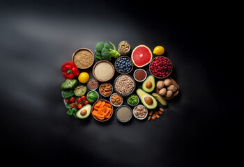 Poster - A variety of fresh and dried ingredients are displayed in small bowls on a black background.