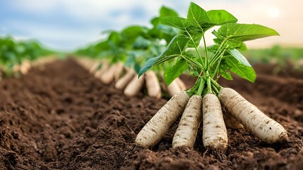 Poster - Close up View of Lush Green Cassava Plants with Thriving Leaves Grown in Agricultural Field or Farm  Cassava is a root vegetable widely cultivated as a food crop in tropical and subtropical regions