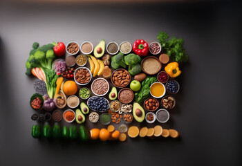 Poster - A variety of fruits, vegetables, nuts, seeds, and grains are arranged on a gray background.